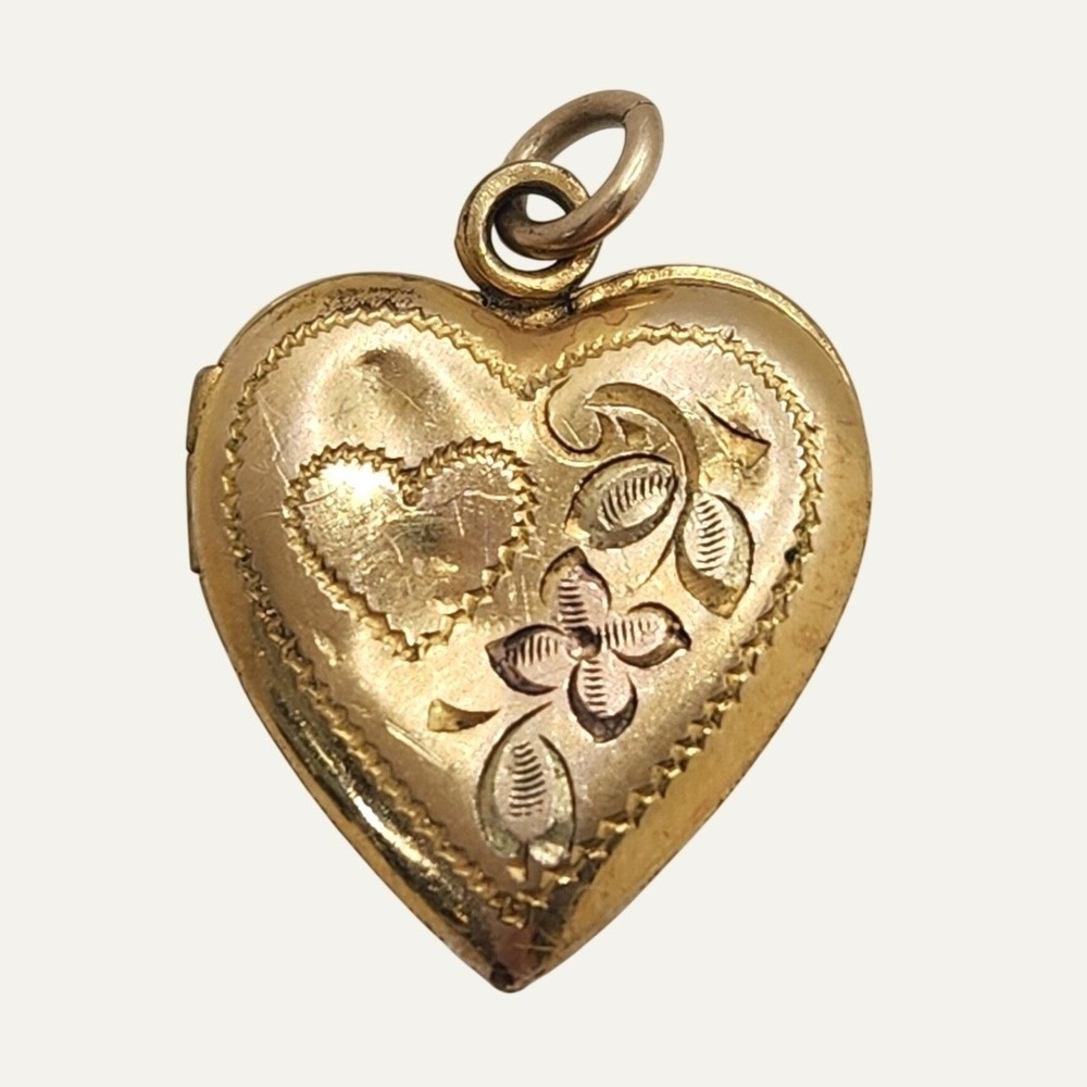 Vintage 12k Gold Filled Heart Locket Pendant Etched Floral Design Dainty READ